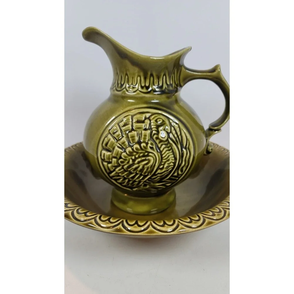 Vintage McCoy Pottery Thanksgiving TURKEY Wash Basin & Pitcher Olive‎ Green